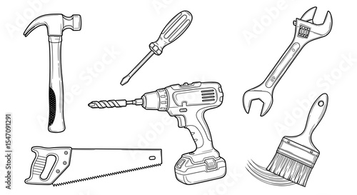 Vector assortment of hand tools including a hammer, screwdriver, drill, wrench, saw, and paintbrush tools