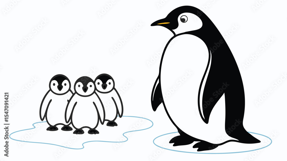 Obraz premium Adorable cartoon illustration of an adult penguin and three baby penguins on an ice floe in a clean environment