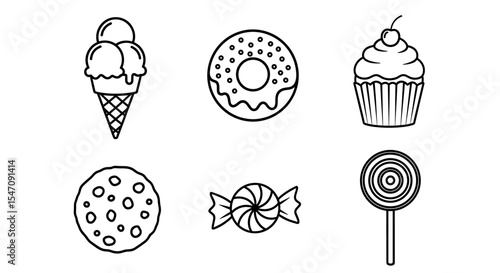 Vector assortment of delectable sweets including ice cream donut cupcake cookie and two candies drawings