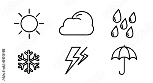 Vector weather icons including sun cloud rain snowflake lightning and umbrella in a row arrangement
