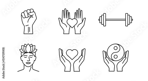 Vector collection of linear icons depicting health well being and spiritual concepts in a clean arrangement