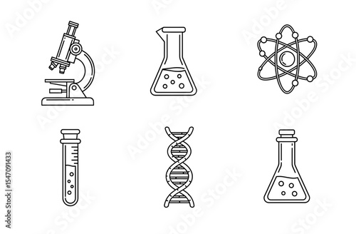 Vector outlined scientific instruments and models including microscope and dna structure illustration