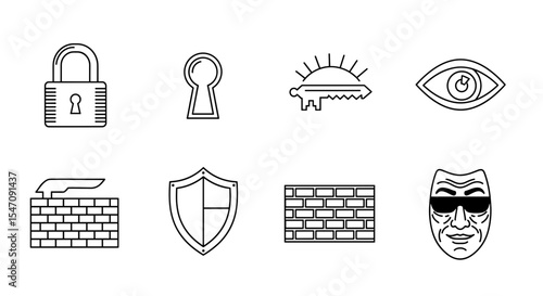 Vector collection of security related icons including padlock keyhole shield and brick wall elements depicted