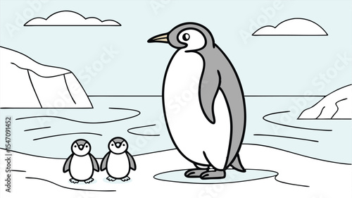 Adorable emperor penguin family illustration standing on ice in a cold antarctic environment with clouds