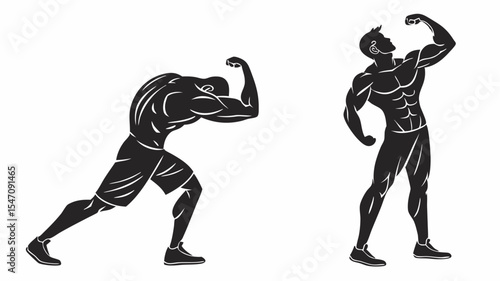 High contrast black silhouettes of a bodybuilder flexing muscles with transparent or isolated white backgrounds


