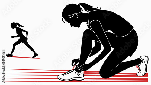 High contrast black silhouettes of a female runner tying her shoelaces with transparent or isolated white backgrounds

