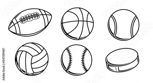 Vector an assortment of sporting equipment including balls and puck in a line art style illustration graphic design