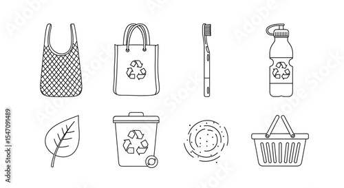 Vector assortment of eco friendly items including bags bottle toothbrush and leaf in a line drawing style