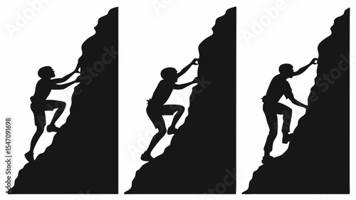 High contrast black silhouettes of a rock climber scaling a cliff with transparent or isolated white backgrounds

