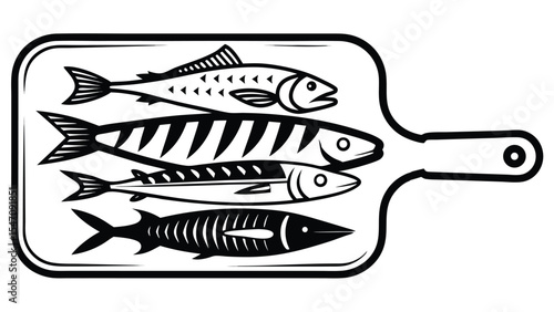 Black and white illustration of different fish on a cutting board representing seafood and culinary concepts