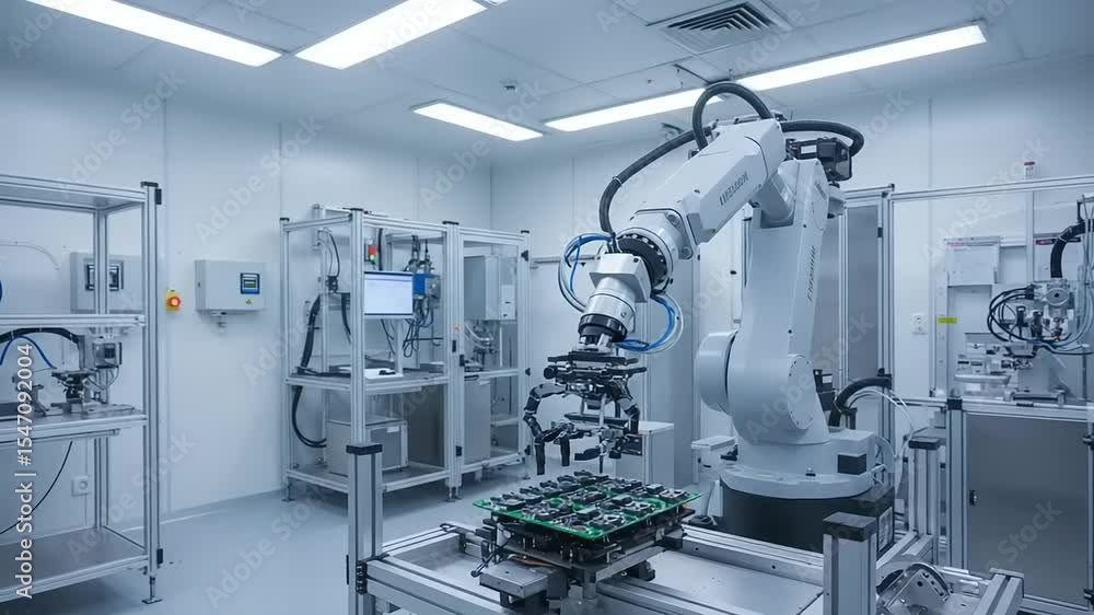 Robotic Arm Assembling Circuit Boards in Modern Facility Robotic Arm Assembling Circuit Boards in Modern Facility