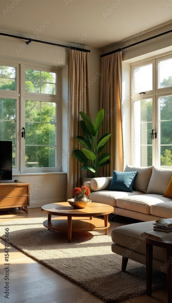 Fototapeta premium Cozy and inviting living room interior with comfortable furniture, natural light streaming through large windows, and stylish decor Perfect for relaxation and entertainment , sitting room, modern