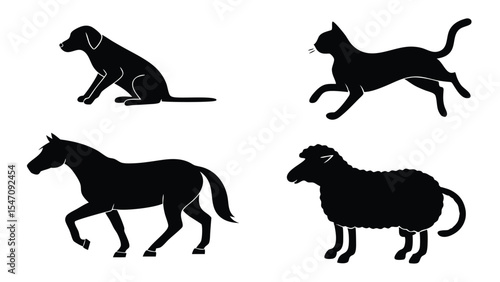 Black silhouettes of a dog a cat a horse and a sheep perfect for farm animal related themes