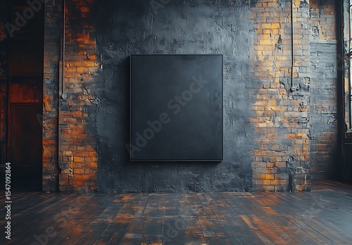 Black canvas mockup on dark brick wall in industrial room

