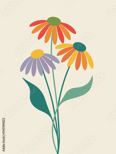 Vibrant Hand-Drawn Flowers with Green Leaves – Colorful Botanical Illustration