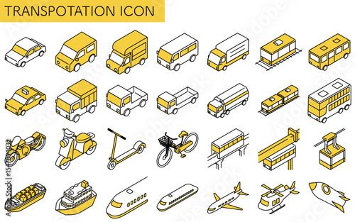 Vehicle icon set, set of simple and cute isometric line drawing icons of bicycles, motorcycles, cars, public transportation, etc