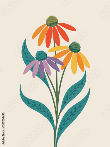 Vibrant Hand-Drawn Flowers with Green Leaves – Colorful Botanical Illustration