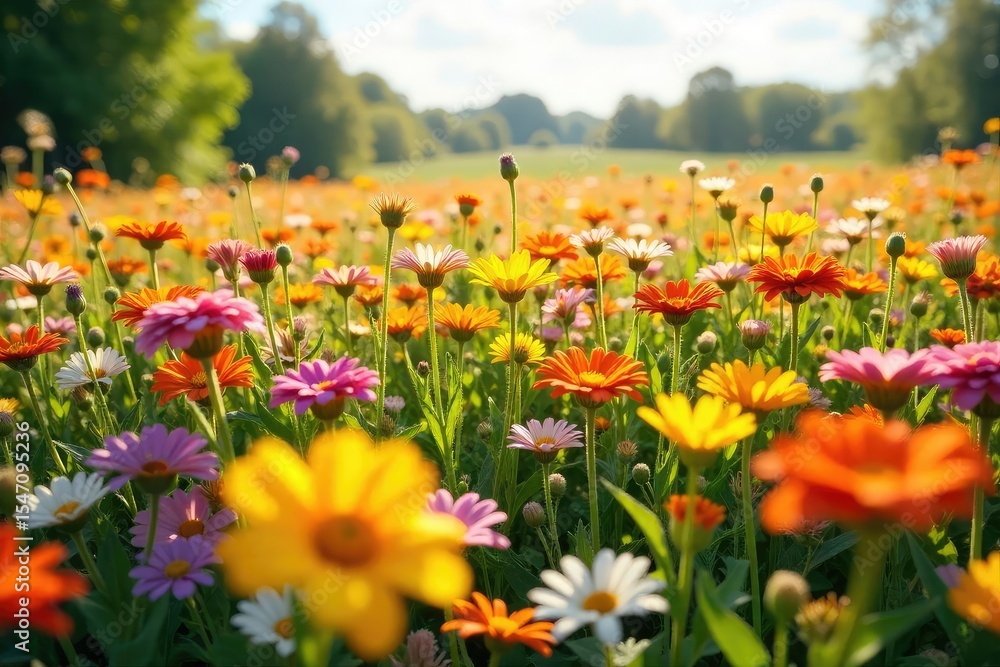 Fototapeta premium A large, irregular mass of vibrant summer flowers, bursting with color and texture, sits in a sun-drenched field, conveying a sense of abundance and carefree joy , sunlight, flora, irregular