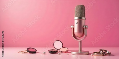 A microphone stands on a pink background, surrounded by cosmetics and jewelry Perfect for podcasting, beauty, or feminine-themed content , product, makeup, objects