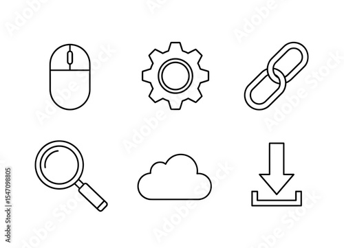 Vector collection of outlined icons including a mouse, gear, link, magnifying glass, cloud and download icon