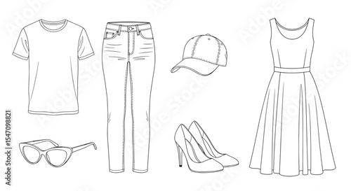 Vector assortment of apparel items including a tee shirt jeans cap dress and high heels illustrated fashionably
