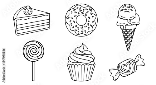 Vector outlined sweets assortment featuring cake, donut, ice cream, lollipop, cupcake, and candy illustration