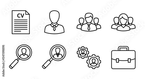 Vector outline icons depicting job search, cv, teamwork, and career opportunities in a business setting shown here