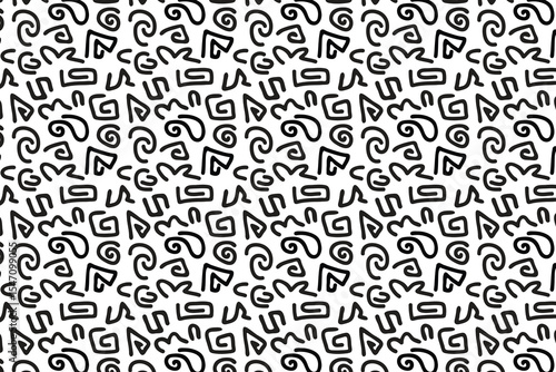 Memphis geometric seamless pattern, Multicolor abstract background in retro style with various shapes: circles, semicircles, dots, zigzags, spirals, wavy lines. Cute kid doodle design