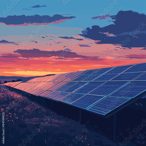 A digital illustration of a field of solar panels at dusk