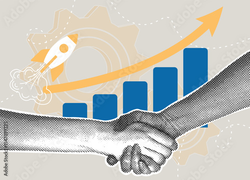 Trendy halftone collage. Business partnership and growth. Concept of agreement, launch, and sales schedule, transactions. 