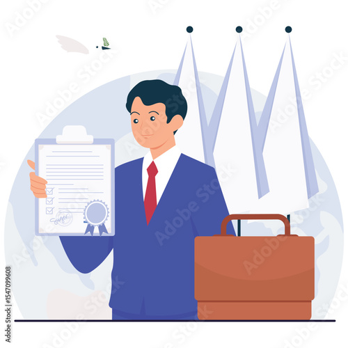 Diplomacy Illustation. Vector illustration of A diplomat proudly holds a signed peace agreement certificate, standing next to a briefcase and national flags. Isolated on background