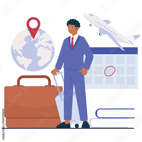 Diplomacy Illustation. Vector illustration of A diplomat prepares for international travel with luggage, a marked calendar, and a globe showing destination. Isolated on background