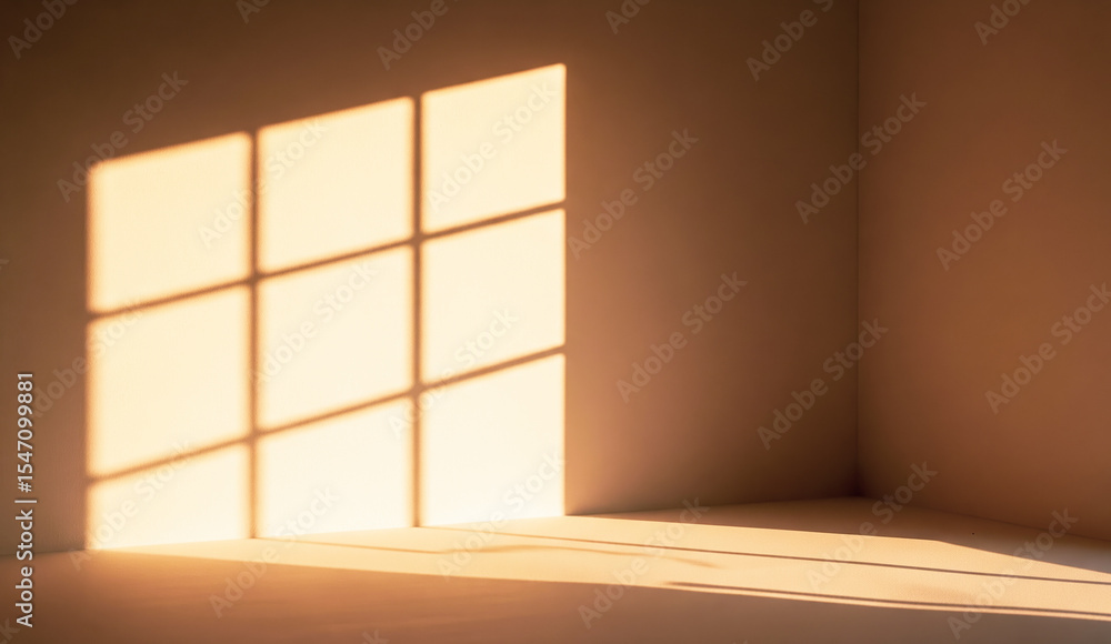Obraz premium Serene corner interior lit by soft golden hour sunlight through a window grid, forming clean geometric shadows across a minimalist wall and floor