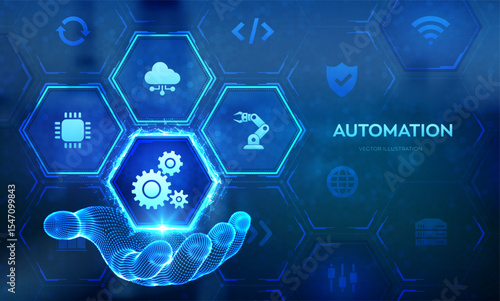 Robotic Process Automation software icon in wireframe hand. RPA. Smart industry. IOT and Automation concept as an innovation, improving productivity in technology and business processes. Vector.