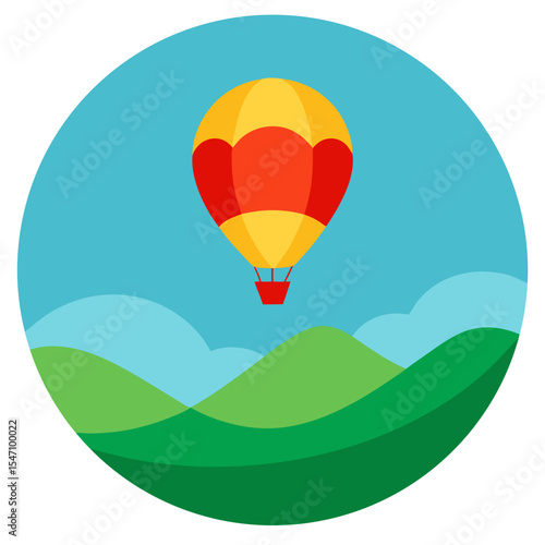 Hot air balloon soaring over rolling green hills