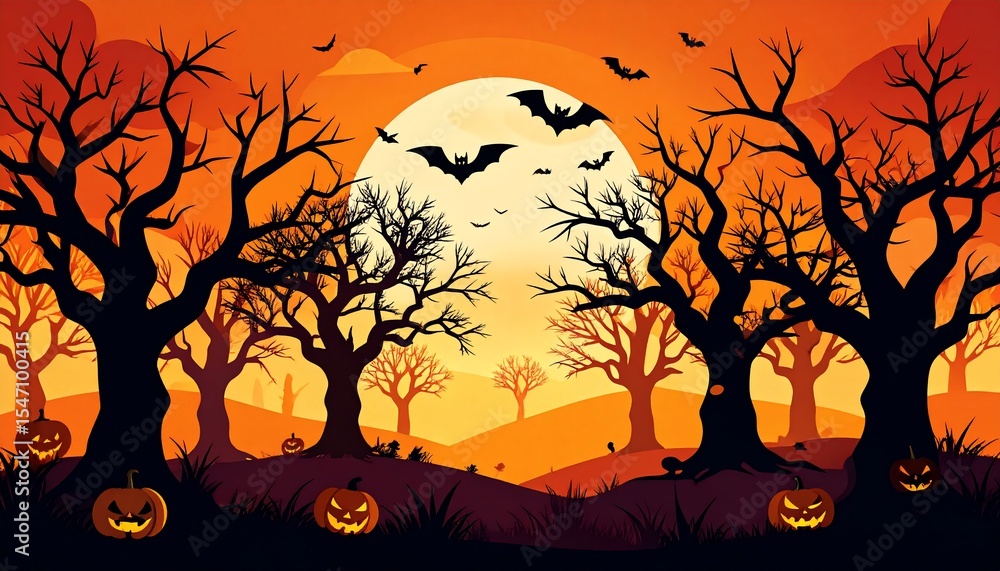 Spooky Halloween Night: Eerie Forest, Glowing Moon, Jack-o'-lanterns Spooky Halloween Night: Eerie Forest, Glowing Moon, Jack-o'-lanterns