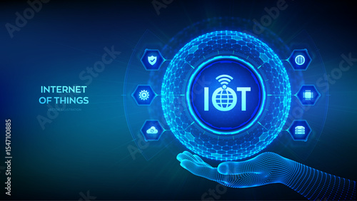 IOT. Internet of things. Everything connectivity device concept network, and business with internet. 3D sphere with surface of hexagons with IOT icon in wireframe hand. Vector illustration.