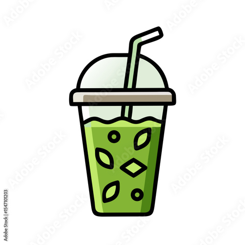 Simple illustration of a Matcha Frappuccino. Line. Tea. Tea time. Change of mood. Japanese style. Harmony. Japan. Tea leaves. Green tea.
