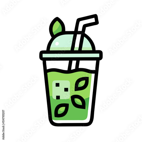 Simple illustration of a Matcha Frappuccino. Line. Tea. Tea time. Change of mood. Japanese style. Harmony. Japan. Tea leaves. Green tea.