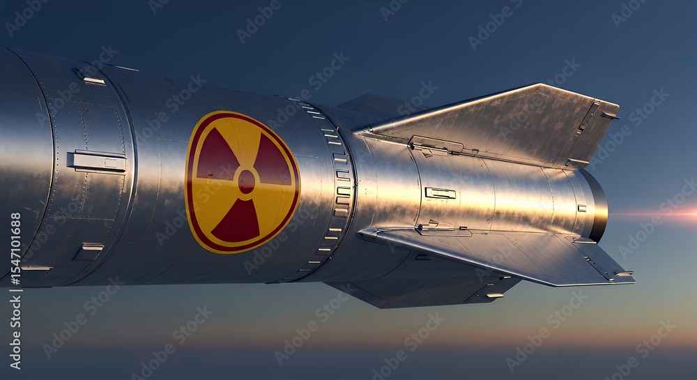 Obraz premium Flying Missile with Warning Symbol Against Dark Sky