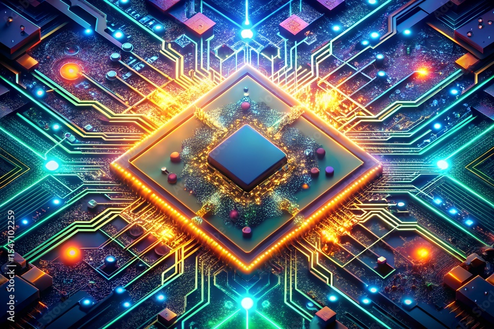 Abstract glowing circuit board with central processor, vibrant colors, technology concept Abstract glowing circuit board with central processor, vibrant colors, technology concept