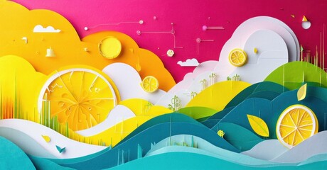 Foto auf Acrylglas Gelb Papercraft landscape features citrus fruits, clouds, hills. Bright colors create whimsical, layered scene. Joyful, vibrant composition.  © antishock