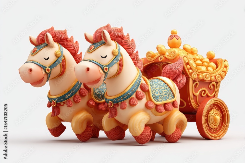 Fototapeta premium Two decorative horses pulling a ornate cart.