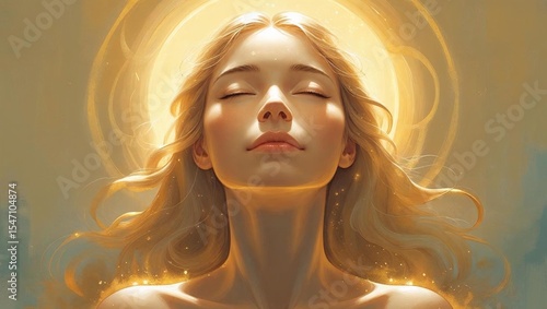 a woman surrounded by warm glowing light, closed eyes, peaceful face, concept of inner peace and healing