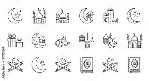Vector Icons Set of Collection of Black and White Eid alAdha Line Art Icons and Symbols. Vector Illustrations. EPS Editable