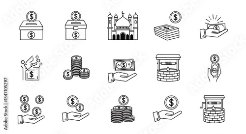 Vector Icons Set of Collection of Black Line Art Icons Depicting Financial Giving Donation and Money. Vector Illustrations. EPS Editable