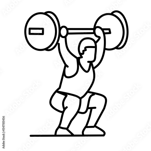 "Simple line illustration of a weightlifter lifting a barbell overhead in a squat position. Strength and fitness concept for icons and designs."

