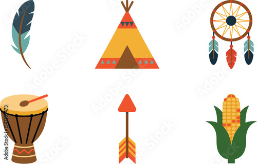 Six Colorful Indigenous Elements Flat Icon Set Teepee Dreamcatcher Feather Arrow Drum Corn vector