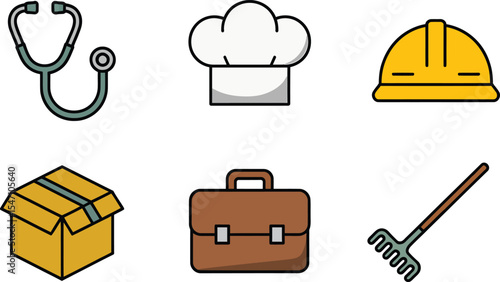 Six Flat Style Work Icons Set Stethoscope Chefs Hat Hard Hat Cardboard Box Briefcase Garden Rake vector