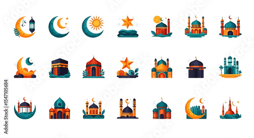 Vector Icons Set of Collection of Islamic Mosques and Symbols Flat Design Ramadan Icons. Vector Illustrations. EPS Editable